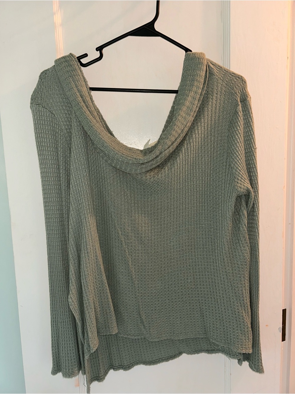 Off Shoulder Cozy Waffle Knit Shirt - Sage Green